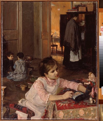Çocuk odası (Çocuklar oyuncaklarıyla oynar, hizmetçi dolapta çamaşırları düzenler) - Çocuk odası - Elena Dmitryevna Polenova (1850-1898), tuval üzerine yağlı boya by Elena Polenova