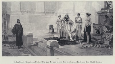 Antik Yunan ressamı Zeuxis, Helen of Troy tablosu için modelini Crotone şehrinin en güzel kadınlarından seçiyor (gravür) by Eleuterio Pagliano