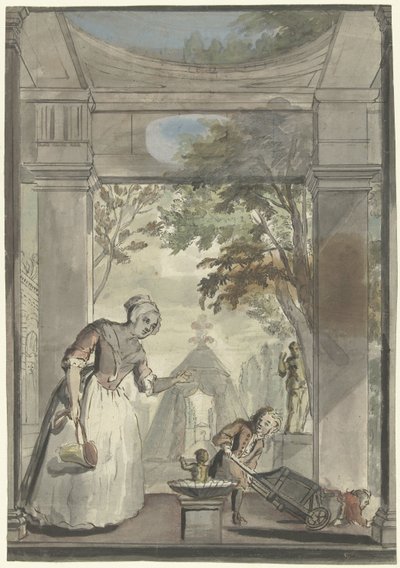 Çocuğu el arabasından deviren çocuğa hizmetçi by Elias van Nijmegen