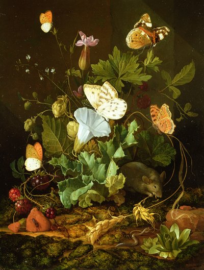 Çiçekler, Fare ve Kelebekler ile Bir Orman Zemininin Natürmort by Elias van den Broeck