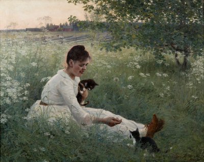 Yaz manzarasında kedileri olan genç kız - Yaz manzarasında kedileri olan kız - Elin Danielson-Gambogi (1861-1919). tuval üzerine yağlıboya by Elin Danielson-Gambogi