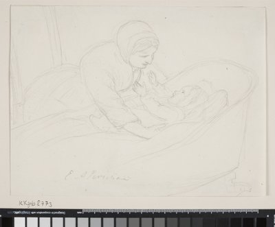 Anne bir çocuğu beşikten kaldırır by Elisabeth Jerichau Baumann