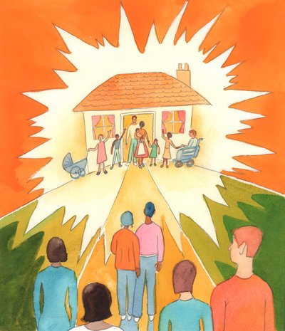 Yaşanması gerektiği gibi yaşanan bir Hıristiyan evliliği, toplum için tepeye yerleştirilmiş bir lamba gibidir; lütuf dolu kutsal bir birliktelik, 2005 (kağıt üzerine suluboya) by Elizabeth Wang