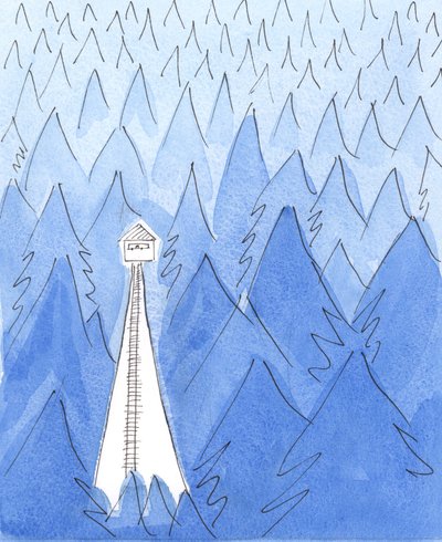 Gözetleme kulesindeki bir korucu, kasvetli, soğuk ve karanlık bir manzaranın ortasında bir ışık vahasında yaşıyor, 2003 (kağıt üzerinde w/c) by Elizabeth Wang