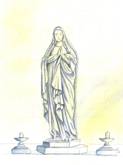Kutsal Bakire Meryem heykeli, 2001 (kağıt üzerinde w/c) by Elizabeth Wang