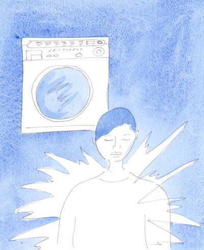 Bir çamaşır makinesinin içi, sık yıkamalarda, içindeki giysilerin hareketi sayesinde parlak ve parlak tutulur, 2002 (kağıt üzerinde w/c) by Elizabeth Wang