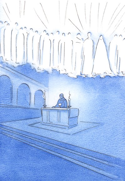 Ayinin Kutsal Kurbanı sırasında samimi dualar eden herkes, Mesih aracılığıyla ve Cennetin Azizleri ile dua ediyor, 2002 (kağıt üzerinde w/c) by Elizabeth Wang