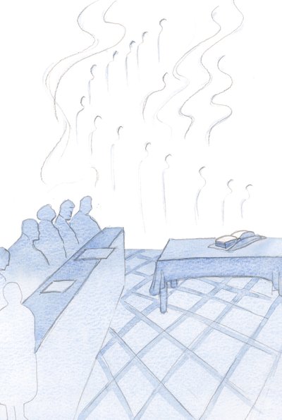 Melekler, rahiplerin alçakgönüllü ilahilerini tekrarladılar, ibadetleri neşeyle ve parlak pankartlarla sarmalandı, 2000 (kağıt üzerinde w/c) by Elizabeth Wang
