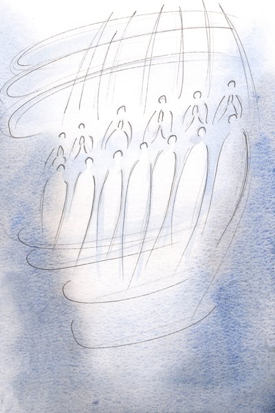 Melekler mabedi kuşattı, Cennetin ışığı altında dua ediyor., 2001 (kağıt üzerinde w/c) by Elizabeth Wang