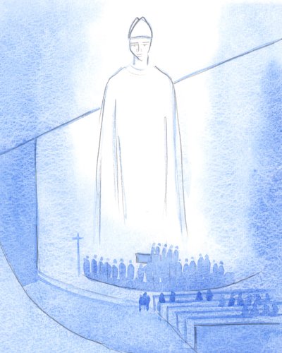 Yeni bir rahibin elleri meshedilirken ("İsa sizi korusun mu?"), Mesih, Piskoposumuz gibi giyinmiş olarak tapınakta durdu, 2001 (kağıt üzerinde w/c) by Elizabeth Wang