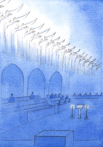 Ayinlerde azizlerden bizim için dua etmelerini istediğimizde, aşağıda dua eden bizim için aracılık ederken azizleri görkem içinde, ellerini açıkta gördüm, 2003 (kağıt üzerinde w/c) by Elizabeth Wang