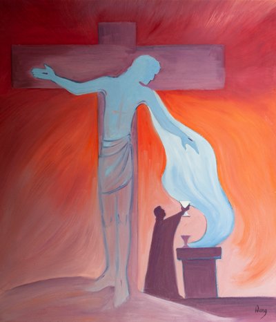 Ayin sırasında Mesih Kutsal Bedenini ve Kanını ruhsal yiyecek ve içeceğimiz olarak verir, 2000 (gemide yağ) by Elizabeth Wang