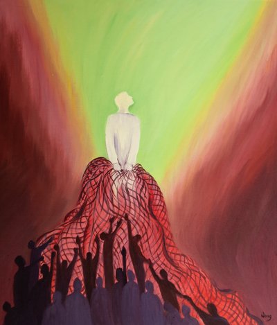 Ayin sırasında, bir balıkçı gibi, İsa Kendisini sevenleri Krallığına çeker, 2001 (gemide petrol) by Elizabeth Wang