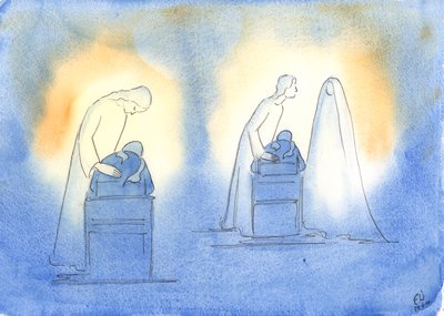 Bir çocuğun sadeliği ve güveniyle onlara her döndüğümüzde Mesih ve Annesi memnun oluyor, 2003 (kağıt üzerinde w/c) by Elizabeth Wang