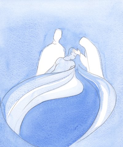 Mesih ve Our Lady, Cennetteki Görevliler gibidir, ruhsal kargaşa ve azimden harika bir şey doğarken bize yardım eder, 2002 (kağıt üzerinde w/c) by Elizabeth Wang
