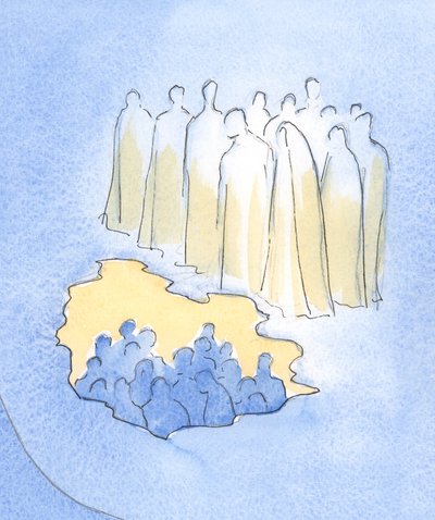 Mesih ve cennetteki azizleri, 2002 (kağıt üzerinde w/c) Tutkusu üzerine meditasyon yapan yeryüzündeki arkadaşlarına büyük bir şefkatle bakarlar by Elizabeth Wang