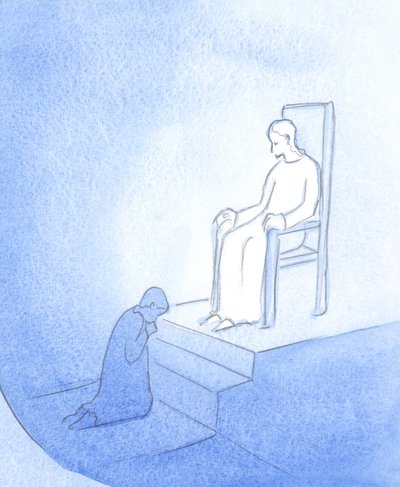 Mesih bir Kral olarak göründü ve tövbekar olarak ayaklarının dibine oturmama izin verdi, 2000 (kağıt üzerinde w/c) by Elizabeth Wang