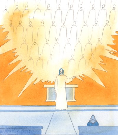 İsa benden küçük hatalarımı unutmamı ve Azizlerin harika arkadaşlığından sevinç duymamı istedi, 2005 (kağıt üzerine suluboya) by Elizabeth Wang
