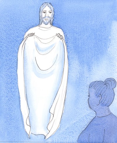 Mesih, endişeli veya sıkıntılı olduklarında çocuklarına güven veren bir anne gibi, bizi teselli eder ve güven verir, 2004 (kağıt üzerinde w/c) by Elizabeth Wang