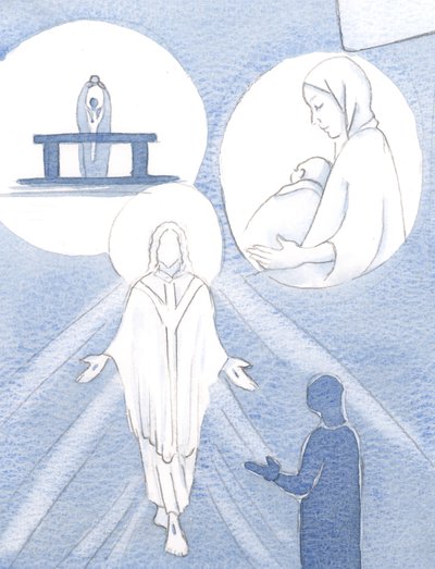Mesih bir gün zayıflığımız nedeniyle bize geldiğini açıkladı, 2000 (kağıt üzerinde w/c) by Elizabeth Wang