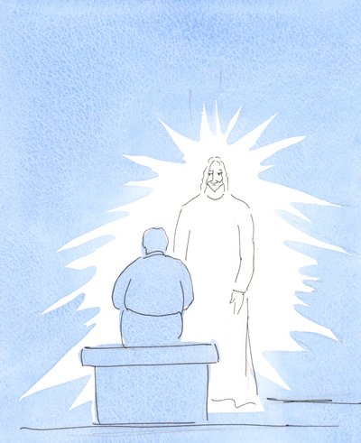 Mesih bedensel olarak Cennettedir - ki bu bize çok yakındır. Duamızda Cennet ile temas halindeyiz., 2004 (kağıt üzerinde w/c) by Elizabeth Wang