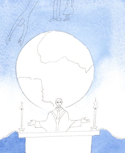 Mesih bizim için aracılık ederken ve Kutsal Kurbanını sunarken, gezegenimizdeki herkes ve her şey için endişeleniyor, 2004 (kağıt üzerinde w/c) by Elizabeth Wang