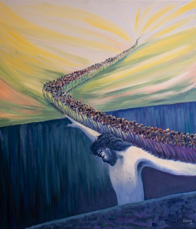 Mesih cennete giden köprümüzdür - dünyevi yaşam ile sonsuz zafer arasındaki körfezden geçen tek yol, 2000 (gemide petrol) by Elizabeth Wang