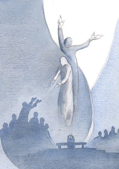 Mesih, eti ve kanıyla gerçekten bizimle birdir ve ayrıca tanrısallığı nedeniyle (bizi kendine çektiği) Baba ile birdir., 2000 (kağıt üzerinde w/c) by Elizabeth Wang