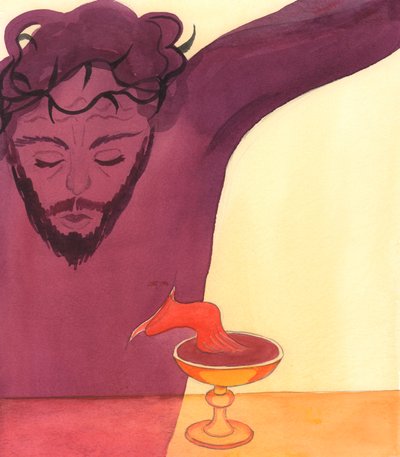 Mesih bizim için yaşam kanını döktü, Calvary, 2000 (kağıt üzerinde w/c) by Elizabeth Wang