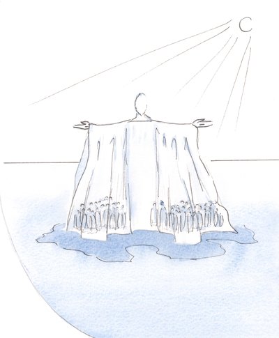 Mesih, giysilerinin altında gizlenmiş olan herkese sığınır ve hareket eder; Hayatın çölünde bir çadır ya da mesken gibidir., 2001 (kağıt üzerinde w/c) by Elizabeth Wang