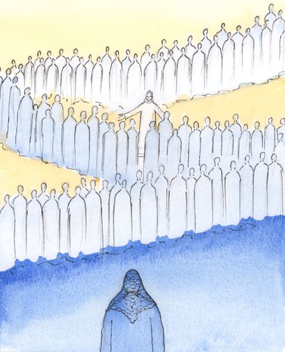 Mesih, Cennetteki Azizleri arasında geziniyordu, her birine sevgi dolu bakışlar ve jestlerle kişisel ilgi gösteriyordu, 2003 (kağıt üzerinde w/c) by Elizabeth Wang