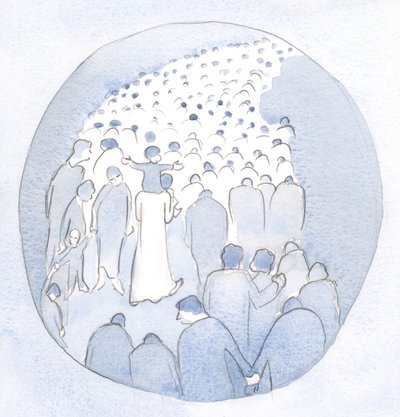 Mesih, hacılar ve hastalarla omuzlarında bir çocuk, halkının ortasında yürüyordu., 2001 (kağıt üzerinde w/c) by Elizabeth Wang