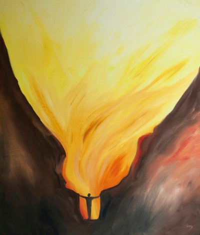 Bir karanlık çukurunda ya da umutsuzluk içinde bile bizi duyacağından emin olan sevgi dolu Tanrımıza seslenebiliriz, 2000 (gemide yağ) by Elizabeth Wang