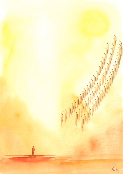 "Kutsal, Kutsal, Kutsal Rab" için her dua ettiğimizde, Cennette aynı övgüyü sunan azizler ve Melekler ile seslerimizi birleştiririz, 2003 (kağıt üzerinde w/c) by Elizabeth Wang