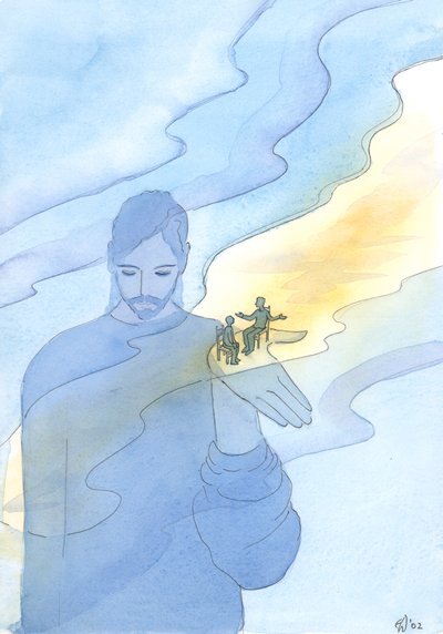 Tanrı, varlığını sorgulayanlar da dahil olmak üzere her şeyi ve tüm insanları varoluşta tutar, 2003 (kağıt üzerinde w/c) by Elizabeth Wang