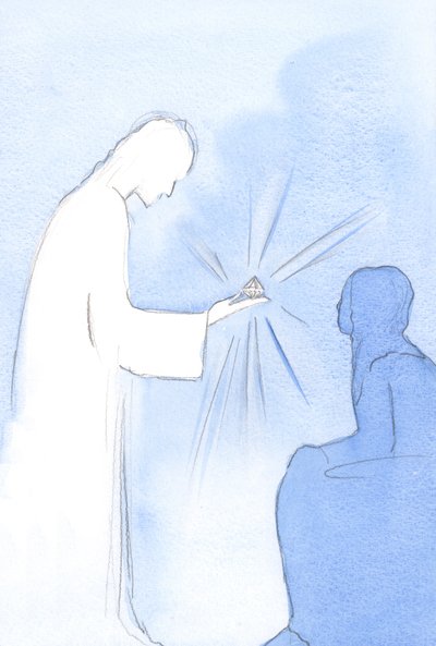 Kristal şeklinde küçük bir kupa uzattı. Takip ettiğim niyetin saflığını temsil ediyordu, 2002 (kağıt üzerinde w/c) by Elizabeth Wang