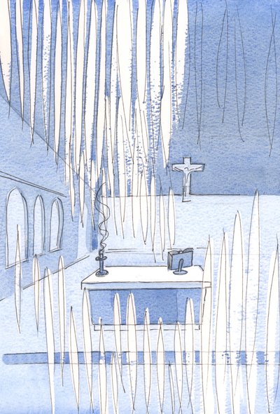 Kaç Melek! Ne kadar az sadık olursa olsun, Meryem Ana Bayramını kutlamak için Kilise içinde çok sayıda insan toplandı., 2001 (kağıt üzerinde w/c) by Elizabeth Wang