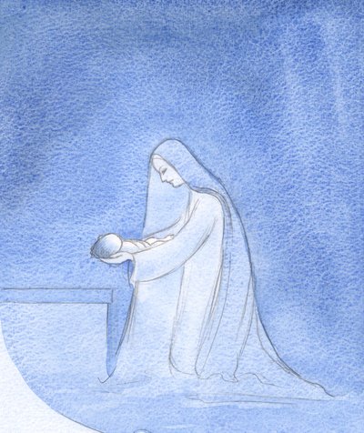 Mary ne kadar basit bir şekilde diz çökerek bebeğini uyutmak için kendi ayrıcalıklı rolüyle ilgili düşüncelere aldırmadan yatırdı., 2001 (kağıt üzerinde w/c) by Elizabeth Wang