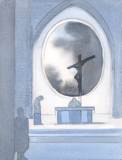 Zamana açılan bir pencere gördüm ve çarmıhta çaresizce asılı duran sevgili Rabbimiz, 2000 (kağıt üzerinde w/c) by Elizabeth Wang