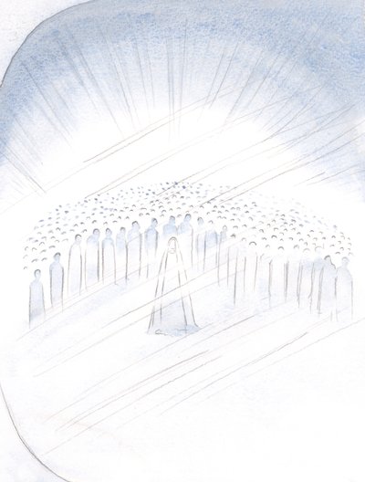 Azizlerin, merkezinde Meryem Ana varken bize yardım etme ayrıcalığı için adeta itişip kakıştığını gördüm, 2000 (kağıt üzerinde w/c) by Elizabeth Wang