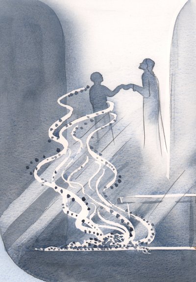 Kutsal Komünyonda, Mesih sevincini paylaşmak için bizi yukarı kaldırırken, küçük günahlarımız kül gibi düşer, 2000 (kağıt üzerinde w/c) by Elizabeth Wang