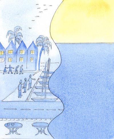 Bir sahil kasabasında, işlek caddelere ve limana bakabilir veya gökyüzüne ve sakin denize hayranlıkla bakabiliriz, 2003 (kağıt üzerinde w/c) by Elizabeth Wang