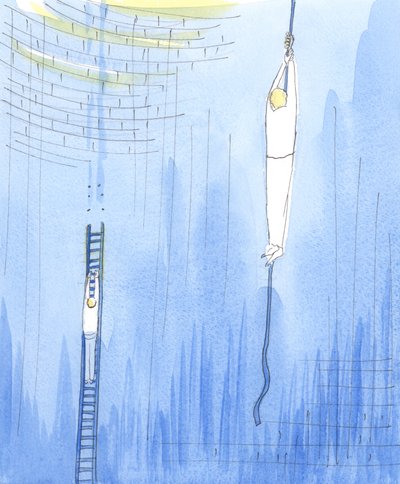 Şefaatte, sanki Allah bir insanın yeraltında derin bir kuyuda mahsur kalan bir başkasını kurtarmak için bir ipe inmesine izin veriyor, 2004 (kağıt üzerinde w/c) by Elizabeth Wang