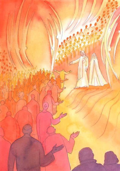 İsa, annesi Meryem ve kutsal meleklerle birlikte Cennetin kapısında çarmıha gerilmiş bekler, 2000 (kağıt üzerinde w/c) by Elizabeth Wang