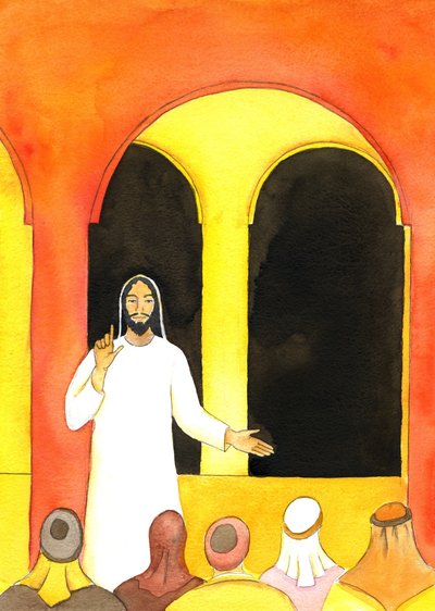 İsa Tapınakta vaaz verdi, gerçeği söyledi ve daha sonra Kendisine zarar vermeyi planlayan bazı insanları kızdırdı, 2001 (kağıt üzerinde w/c) by Elizabeth Wang