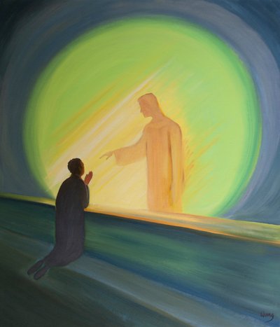 İsa, yüklerimizi hafifletmek ve bize neşe vermek için Kutsal Komünyonda bize ulaşır, 2000 (gemide petrol) by Elizabeth Wang