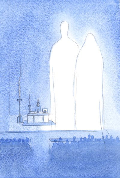 Kutsal Leydimiz Paskalya kutlamalarımızda bizlerle birliktedir. Cennetin tamamıyla, ilahi oğluna sunulan övgüyü dinler, 2001 (kağıt üzerinde w/c) by Elizabeth Wang
