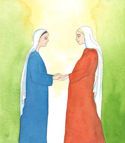 Meryem Ana ve Aziz Elizabeth bunu uyguladılar; ancak itaat erdemine günümüzde pek değer verilmiyor, 2005 (kağıt üzerine suluboya) by Elizabeth Wang