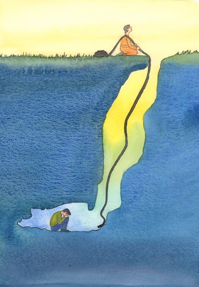 Duamız, zorluklar içinde kaybolan ve kapana kısılanlara yardım etmek için cennetten inen bir cankurtaran halatı gibidir, 2002 (kağıt üzerinde w/c) by Elizabeth Wang