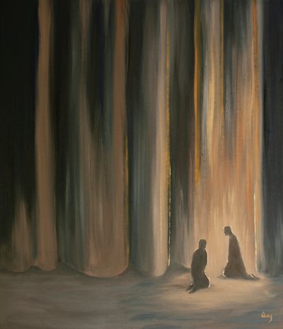 Karanlıkta bile dualarımız bizi perdenin arkasında yatan Göksel görkem için hazırlayan İsa ile birleştirir, 2001 (gemide petrol) by Elizabeth Wang